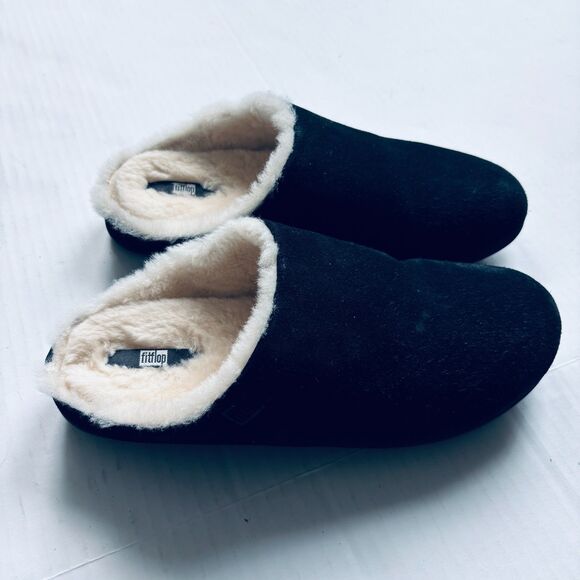 FitFlop Shoes - FitFlop Chrissie Shearling Slipper Mule Black Suede Womens Size 9 Cabin Chic